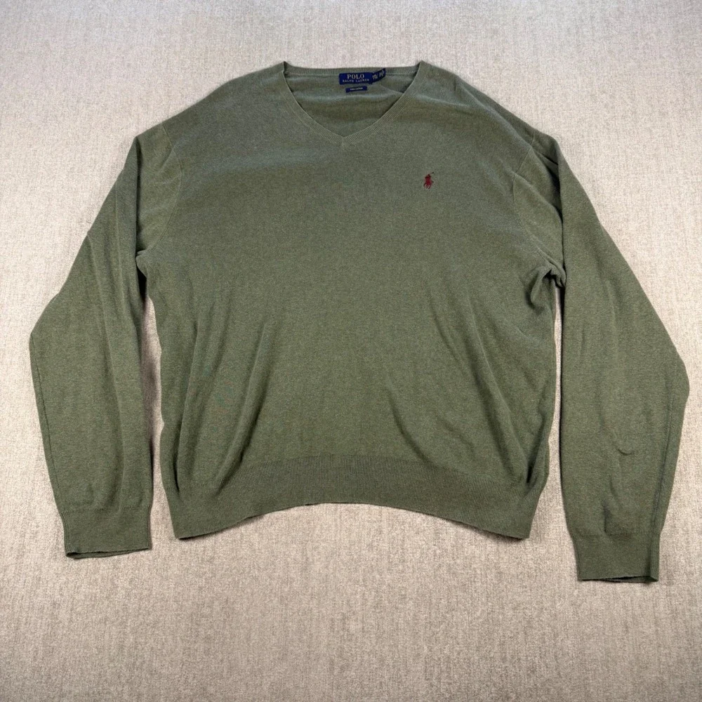 Polo Ralph Lauren V-Neck Sweater Mens XXL Olive Green Pima Cotton Pony Logo